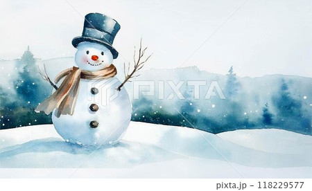 冬 雪 風景 雪だるま フレーム 背景 水彩画 コピースペースのイラスト