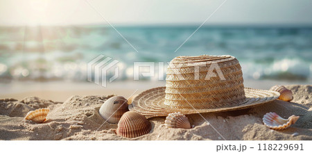Summer straw hat, sea shells on beach sand. Vacation, leisure, Sunbathing and relaxing concept 118229691