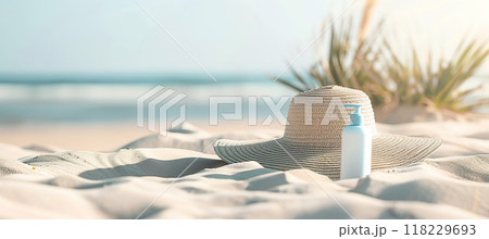 Summer straw hat and sunscreen cream lotion, beach sand. Sunbathing, skincare, UV rays sun protection, vacation, leisure near the sea concept 118229693