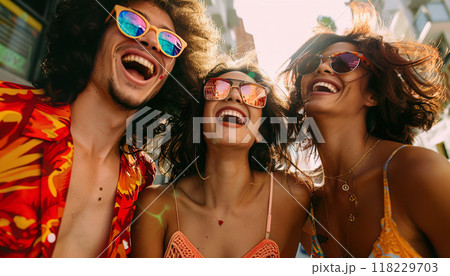 Young diverse group of friends smiling, friendship, summer vacation travel, happy vibes, lifestyle valuable experiences, bonding, social activity 118229703