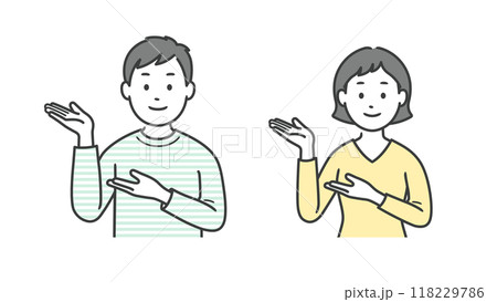 案内をする成人男女の上半身イラスト 案内をする成人男女の上半身イラスト 118229786
