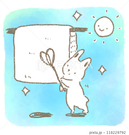 布団たたきをもって太陽の下で布団を干す可愛いうさぎのイラスト 118229792