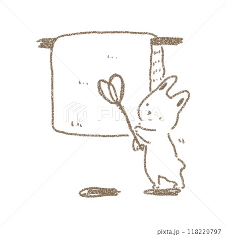 布団たたきをもって布団を干す可愛いうさぎのデフォルメイラスト 118229797