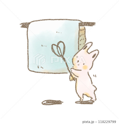 布団たたきをもって布団を干す可愛いうさぎのデフォルメイラスト 118229799