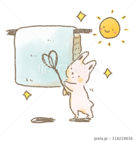 布団たたきをもって太陽の下で布団を干す可愛いうさぎのイラスト 118229816