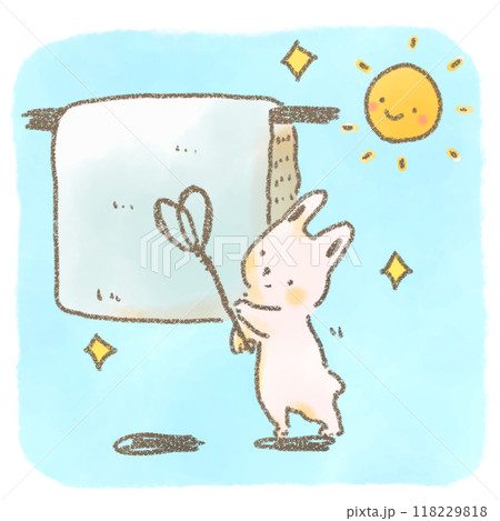 布団たたきをもって太陽の下で布団を干す可愛いうさぎのイラスト 118229818