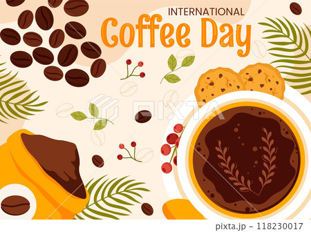 International Coffee Day Vector Illustration on 1st October, Featuring Aromatic Coffee and Relaxing Drink with a Brown Background in a Cute Cartoon 118230017