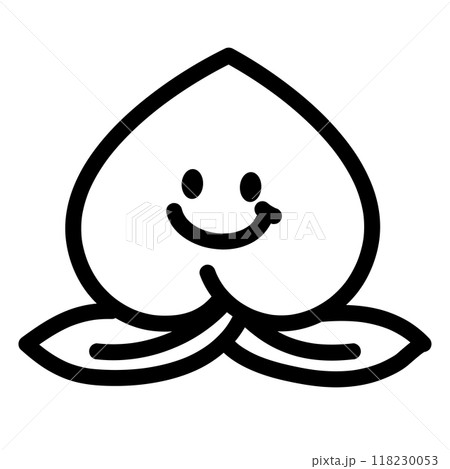 Black outlines of happy peach for kid colouring book, art, painting, tattoo, fruit, vegan, diet, healthy snack, brooch, pin, shirt print, sticker, cartoon character, grocery shopping, supermarket 118230053