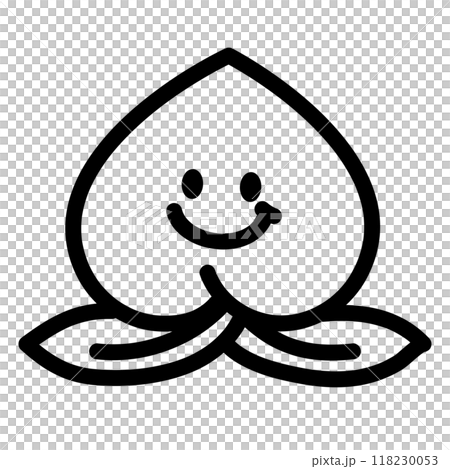 Black outlines of happy peach for kid colouring book, art, painting, tattoo, fruit, vegan, diet, healthy snack, brooch, pin, shirt print, sticker, cartoon character, grocery shopping, supermarket 118230053