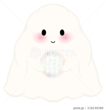 A little ghost holding an invisible crystal ball, Adorable Halloween Ghost Clipart Collection Cute Spooky Ghosts with Fun Props, Perfect for Crafts  118230380