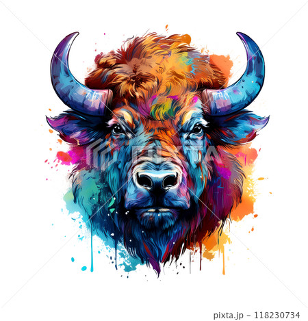 A vibrant, colorful bison head artwork with splashes of blue, orange, and purple hues, evoking strength and creativity, perfect for modern, bold designs. Wildlife Animals. A vibrant, colorful bison head artwork with splashes of blue, orange, and purple hues, evoking strength and creativity, perfect for modern, bold designs. Wildlife Animals. 118230734