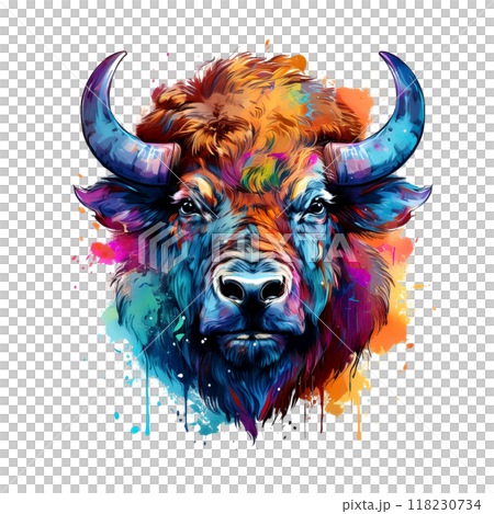 A vibrant, colorful bison head artwork with splashes of blue, orange, and purple hues, evoking strength and creativity, perfect for modern, bold designs. Wildlife Animals. A vibrant, colorful bison head artwork with splashes of blue, orange, and purple hues, evoking strength and creativity, perfect for modern, bold designs. Wildlife Animals. 118230734