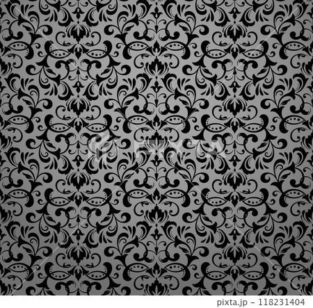 Wallpaper in the style of Baroque. Seamless vector background. Gray and black floral ornament. Graphic pattern for fabric, wallpaper, packaging. Ornate Damask flower ornament 118231404