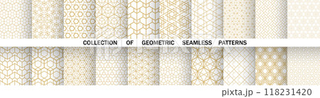 Geometric set of seamless golden and white patterns. Simple vector graphics Geometric set of seamless golden and white patterns. Simple vector graphics 118231420