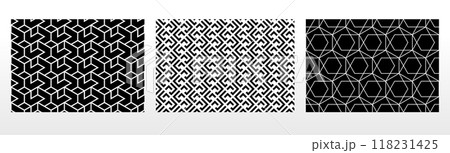 Geometric set of seamless black and white patterns. Simple vector graphics. Geometric set of seamless black and white patterns. Simple vector graphics. 118231425