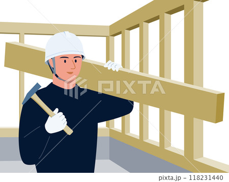木材を担ぐ金槌を金槌を持った大工さんと工事現場のベクターイラスト 木材を担ぐ金槌を金槌を持った大工さんと工事現場のベクターイラスト 118231440