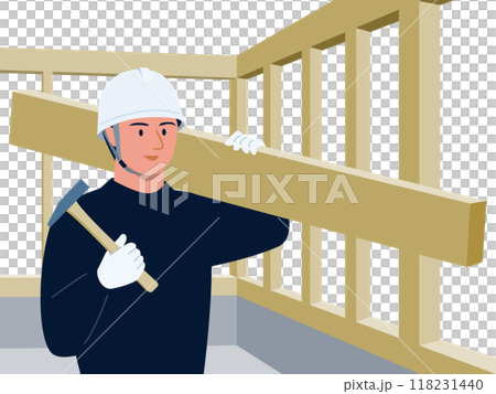 建築工地的向量圖，木匠拿著錘子搬運木材 118231440