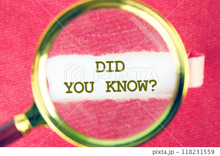 Business and Did you know concept. Copy space. DID YOU KNOW symbol on white paper through a magnifying glass under a torn piece of red paper 118231559