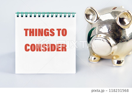 Business concept for think about something carefully. Word writing text THINGS TO CONSIDER on a white notebook, front view on a gray background 118231568