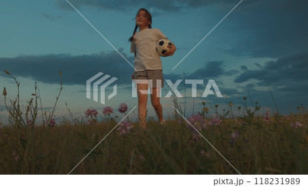 girl running green grass sunset, child playing ball, kid child running park, playground, happy cheerful teenager running playing ball, daughter schoolgirl playground running with feet happy family kid 118231989