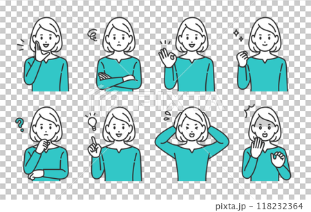 一組表情各異、姿勢各異的年輕女性【人物向量圖素材】 118232364