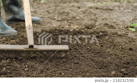 soil preparation farming, garden rake tilling, soil quality improvement, farmland soil care, agricultural maintenance, organic farming practices, sustainable soil management, fertile land cultivation 118232550
