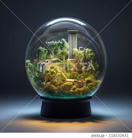 Glass light bulb with miniature village glowing inside on grey background Glass light bulb with miniature village glowing inside on grey background 118232631