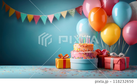 誕生日のお祝い　水色背景　ケーキとカラフルなプレゼントとバルーン 118232650