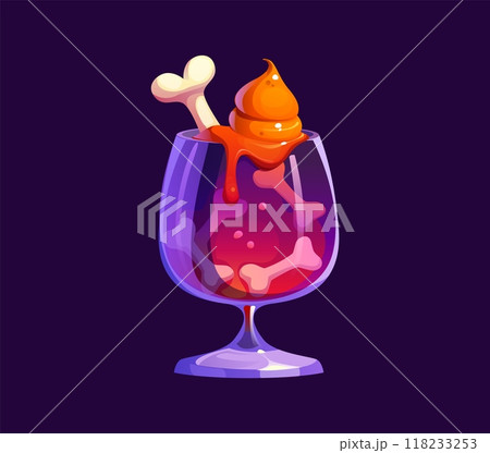 Halloween cocktail drink potion with bones for horror night holiday, cartoon vector. Halloween trick or treat party monster cocktail or spooky drink with dead skeleton bones and pumpkin orange slime 118233253