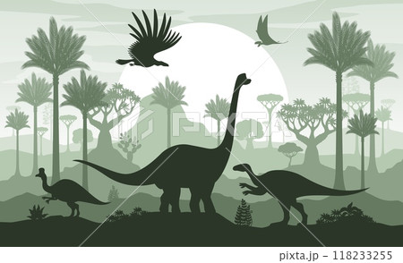 Prehistoric dinosaur silhouettes. Vector shadow scene of jurassic landscape, dino animals and ancient flora with palm trees and ferns under a large sunset sun, monochromatic background in green colors 118233255