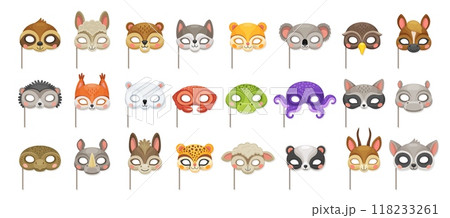 Animal carnival party masks. Festival or birthday costume with vector cute faces of cat, bear, owl, wolf or dog. Cartoon kids Halloween masks on sticks, monkey, crocodile, leopard and raccoon heads 118233261