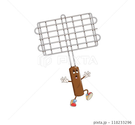 Grill rack bbq barbeque cartoon groovy character. Isolated vector grill basket tool personage with wooden handle, featuring expressive eyes, gloves and sneakers, ready for barbecue cooking party 118233296