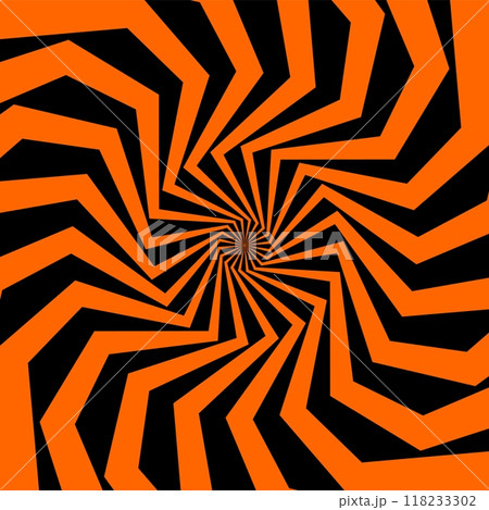 Psychedelic Halloween spiral pattern in vibrant black and orange colors. Bold vector swirl, intense, dynamic spooky and trippy motion optical illusion effect with twisting lines and geometric shapes 118233302