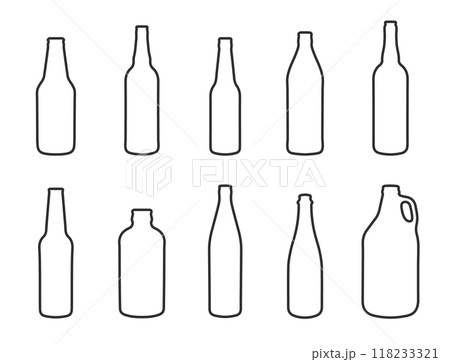 Outline stroke Glass beer bottle shapes icon shape symbol set.  Wine, whiskey, rum, liquor bottles. Vector illustration image. Isolated on white background. 118233321