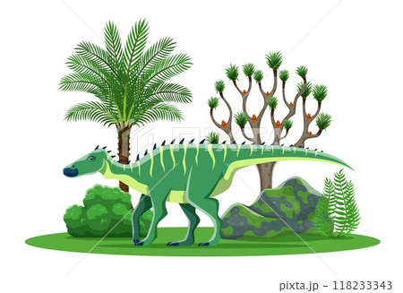 Cartoon dinosaur or prehistoric lizard character from Jurassic park, vector Shantungosaurus dino. Prehistoric funny dinosaur lizard of Shantungosaurus species in jungle forest with trees and palms Cartoon dinosaur or prehistoric lizard character from Jurassic park, vector Shantungosaurus dino. Prehistoric funny dinosaur lizard of Shantungosaurus species in jungle forest with trees and palms 118233343