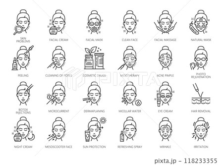 Face care, cosmetology and mesotherapy or skincare icons in vector line. Face skin treatments and cosmetics, facial massage and skin cleaning, anti-age cream, mask and peeling for pimple problems Face care, cosmetology and mesotherapy or skincare icons in vector line. Face skin treatments and cosmetics, facial massage and skin cleaning, anti-age cream, mask and peeling for pimple problems 118233355