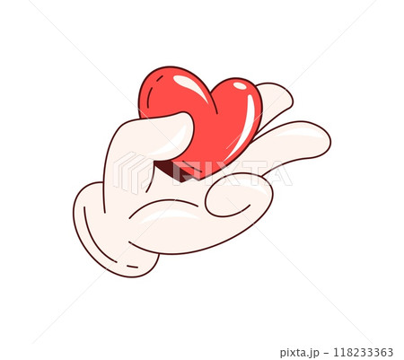 Retro Y2K groovy love heart in hand, cartoon comic art for Valentine day, vector icon. Groovy heart gift in retro cartoon animation style for love emotion sticker or wedding and marriage design 118233363