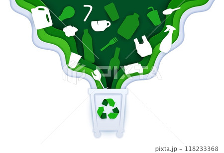 Plastic recycle banner with paper cut waste bin or garbage trash can, vector ecology concept. Green environment and recycling of plastic garbage wastes in paper cut for eco biodegradable package 118233368