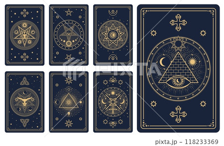 Magic tarot cards with mystic signs and esoteric occult symbols, vector deck backgrounds. Tarot cards reverse with golden frames and magic signs of sun, moon and stars with Satan skull and pentacle 118233369