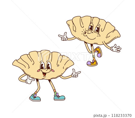 Cartoon retro groovy gyoza dumplings characters with happy funny face, vector funky food. Groovy gyoza dumplings whistling with silly smile on face for Japanese Asian cuisine food cartoon characters 118233370