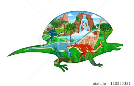 Prehistoric landscape with cartoon paper cut dinosaur silhouette filled with dino spices antarctosaurus, amurisaurus, oxalaia and brachiosaurus amidst lush greenery, waterfalls, and rocky terrains 118233381