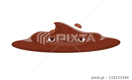 Cartoon poop emoji. Funny poo excrement character. Isolated vector sad toilet shit emoticon. Flattened brown diarrhea personage with a distressed face expression, depicts the liquid messy aftermath 118233384