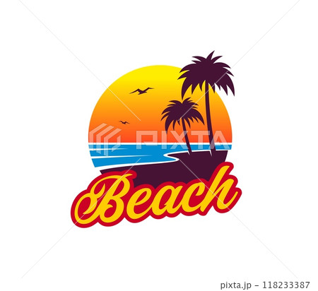 Summer tropical sunrise with palm trees and island beach, vector icon for vacation travel. Sea or ocean beach icon of seashore, palms and seagulls in sunset sky for paradise island or resort hotel Summer tropical sunrise with palm trees and island beach, vector icon for vacation travel. Sea or ocean beach icon of seashore, palms and seagulls in sunset sky for paradise island or resort hotel 118233387