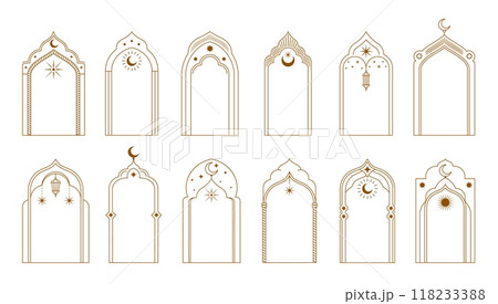 Ramadan arabian boho arch, muslim frames with islam minimal pattern borders of vector line Eid Mubarak lanterns, stars and moon crescents. Muslim mosque window and door gold frames, ramadan arches set Ramadan arabian boho arch, muslim frames with islam minimal pattern borders of vector line Eid Mubarak lanterns, stars and moon crescents. Muslim mosque window and door gold frames, ramadan arches set 118233388