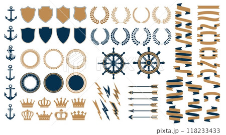Marine navy heraldic elements. Vector ship anchors, nautical wheels and helms, vintage shields, laurel wreaths and round seal frame borders. Heraldry ribbon banners, crowns, arrows and lightning bolts Marine navy heraldic elements. Vector ship anchors, nautical wheels and helms, vintage shields, laurel wreaths and round seal frame borders. Heraldry ribbon banners, crowns, arrows and lightning bolts 118233433