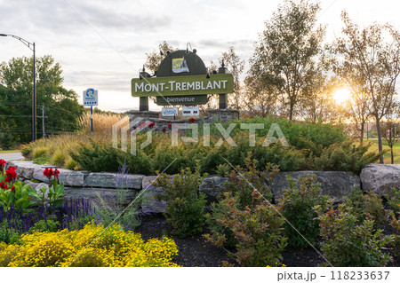 Mont-Tremblant, Quebec, Canada - October 1 2021 : Welcome to Mont-Tremblant City sign board in autumn sunset time. 118233637