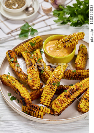 bbq corn ribs on a plate, top view 118233838