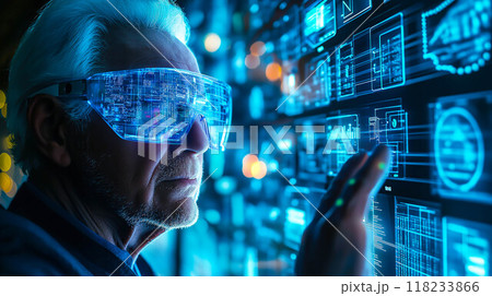 An elderly man engages with futuristic technology. The concept of how technology bridges generational gaps and enhances accessibility for all ages. Generative AI. 118233866