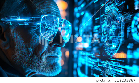 An elderly man engages with futuristic technology. The concept of how technology bridges generational gaps and enhances accessibility for all ages. Generative AI. 118233867