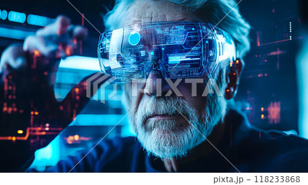An elderly man engages with futuristic technology. The concept of how technology bridges generational gaps and enhances accessibility for all ages. Generative AI. An elderly man engages with futuristic technology. The concept of how technology bridges generational gaps and enhances accessibility for all ages. Generative AI. 118233868